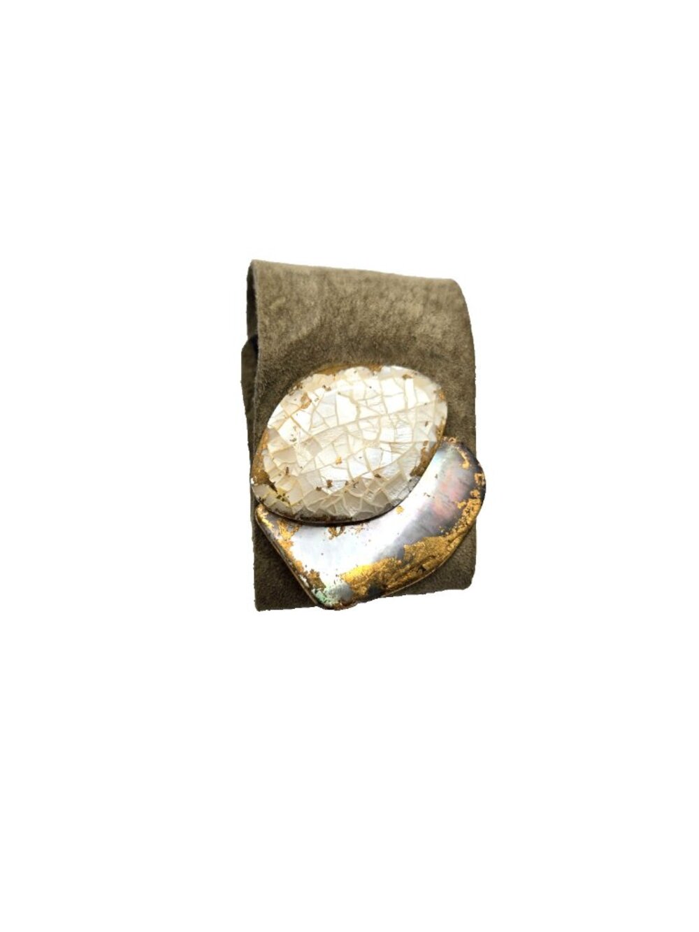 OOAK Artisan Leather Cuff Bracelet Mother of Pearl Shell Gold Leaf Wearable Art
